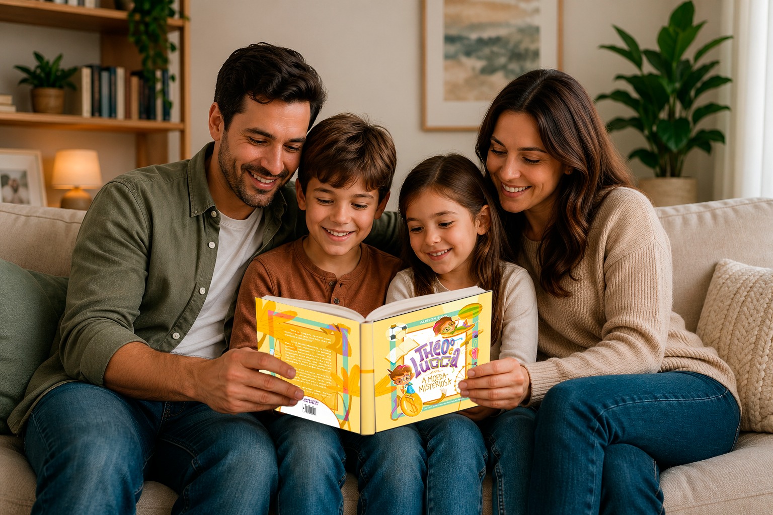 Família segurando o livro Théo e Lucca: A Moeda Misteriosa